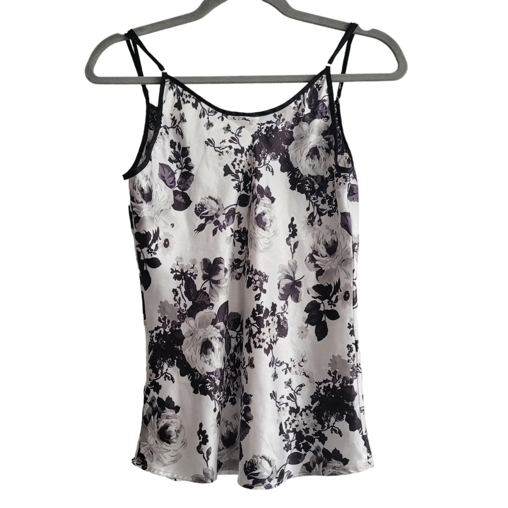 Y2K Black White Satin Camisole Floral Rose Tank Top Size Medium‎